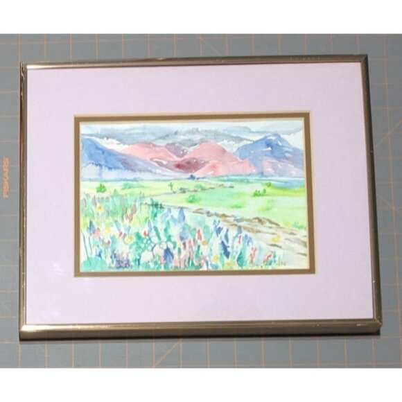 Framed Watercolor Landscape Painting Lavender Mat Rose-Gold Frame signed - Picture 11 of 15